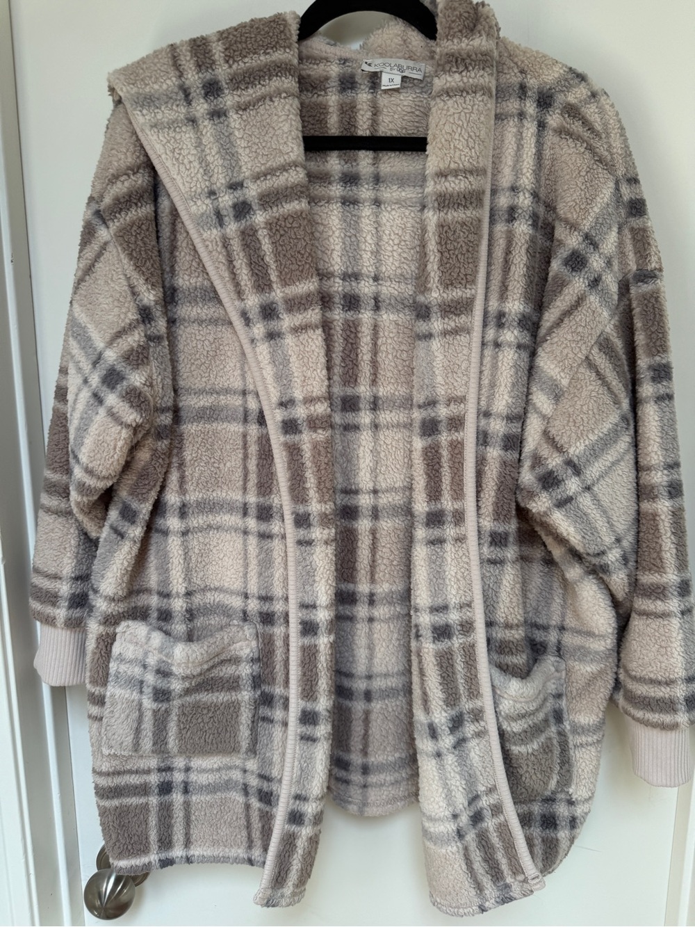 Koolaburra Taupe & Cream Plaid Sherpa Hooded Jacket